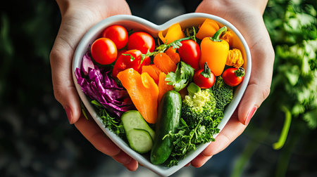 Nutritionist's hand holding a heart-shaped dish filled with colorful, fresh vegetables. -の素材