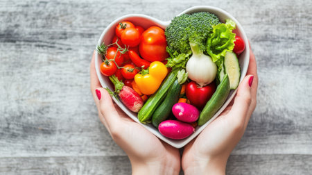 Nutritionist's hand holding a heart-shaped dish filled with vibrant fresh vegetables. -の素材