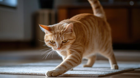 Orange cat standing on the floor, calmly stretching with a relaxed pose.の素材