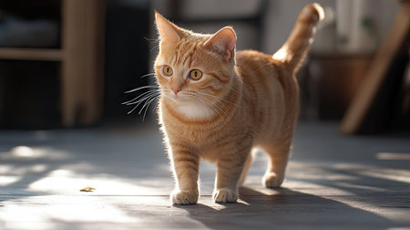 Orange cat standing on the floor, head slightly tilted, in a relaxed and curious pose. -の素材