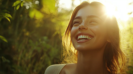 Radiant woman with gleaming teeth, captured in a moment of laughter in a natural setting.の素材