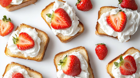 Close-up top view of honey toast with fresh strawberries and whipped cream, isolated on a white background.の素材