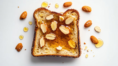 Honey toast garnished with sliced almonds and a drizzle of honey, photographed from above on a white background.の素材