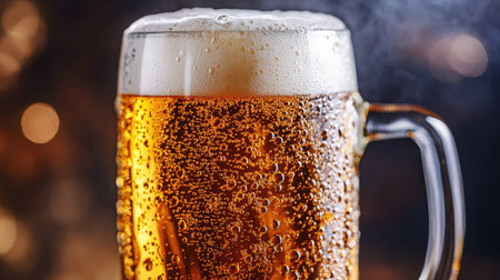 Detailed shot of a beer mug filled with cold, refreshing beer and bubbles.の素材