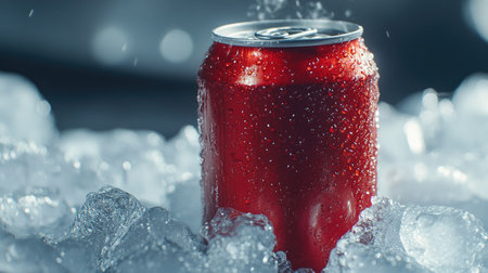 A frosty can of soda on ice cubes, condensation enhancing its refreshing coldness, perfect for a hot day.の素材