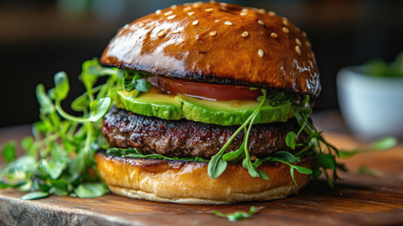 Top view of a vegan truffle burger with avocado and microgreens, on a wooden board.の素材