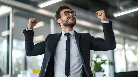 Newly established businessman celebrating a successful deal with a fist pump in the office.の素材