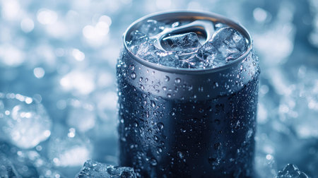 Cold drink can placed on ice cubes, with droplets of water on the can's surface, highlighting its refreshing coldness.の素材