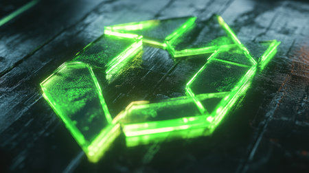 Bright 3D recycling symbol with luminous green arrows, promoting eco-friendly actions.の素材