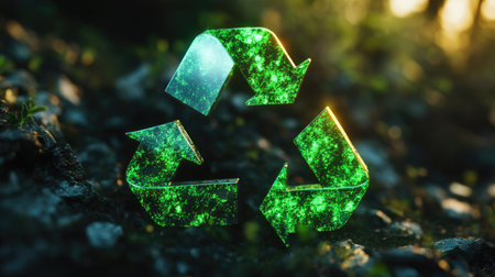 Bright 3D recycling symbol with luminous green arrows, promoting eco-friendly actions.の素材