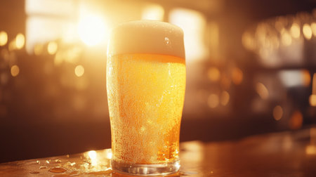 Beer with a golden glow and frothy head, captured in warm, soft light, creating a comforting atmosphere.の素材