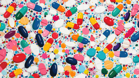 A vibrant mix of colorful pills cascading onto a light grey backdrop, forming a lively and eye-catching pattern.の素材