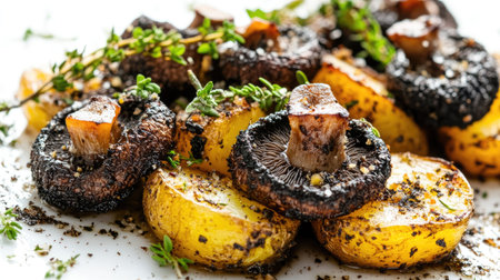 Truffle mushrooms on a dish of roasted potatoes and herbs, with a rustic presentation on a white background.の素材
