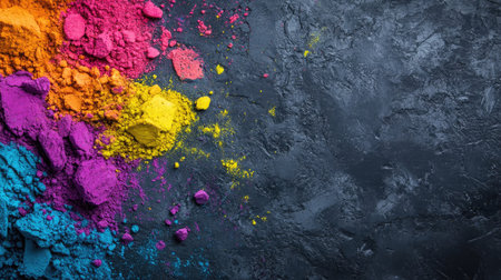 Happy Holi decoration, the indian festival.Top view of colorful holi powder on dark stone background.の素材