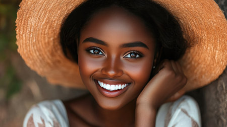 Woman with a dazzling smile and immaculate teeth, posing in a casual setting.の素材