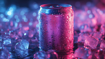 A cold drink can on ice cubes, with droplets of condensation, highlighting its refreshing coldness.の素材