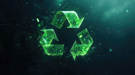Abstract 3D recycling symbol with radiant green elements on a dark background, emphasizing eco-friendly actions. cの素材