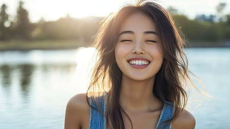 Cheerful Asian girl in a denim dress, standing by a lake, smiling and enjoying the view.の素材