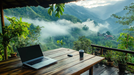 Laptop on a wooden deck, with a view of lush green mountains and misty clouds, perfect for a serene and productive setting.の素材