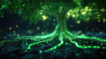 Abstract 3D tree with luminous green leaves and roots, representing natural energy and growth.の素材