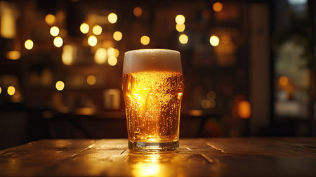 Beer in a glass, glowing golden under warm, soft light, with a frothy head that adds to its appeal.の素材