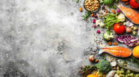 A vibrant display of nutritious foods like vegetables, fish, and nuts on a concrete background. Ideal for promoting healthy eating with room for messaging.の素材