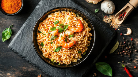 Instant noodles with spicy stir-fried seafood, surrounded by different spices, showcased on a black stone slate with a wooden board background.の素材