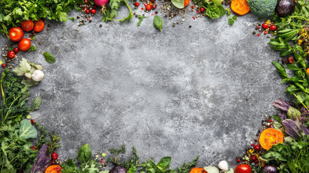A border of colorful vegetables, aromatic herbs, and spices framing a gray stone background, perfect for culinary content with space for copy.の素材