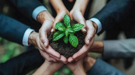 Business hands holding green plants together are the symbol of green business company. agriculture and collaboration in a green business. Ecosystem and Organization Development Cooperation.の素材