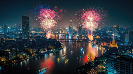 city view and Bangkok with beautiful fireworksの素材