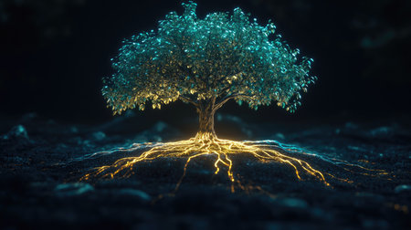 Glowing 3D tree with illuminated leaves and roots against a dark background, emphasizing life and energy.の素材