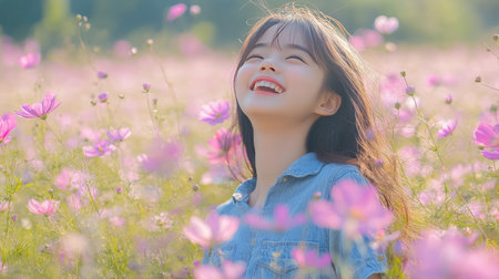 Cheerful Asian girl in a denim dress, exploring a flower field, looking joyful and free.の素材
