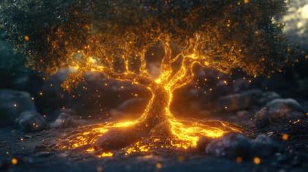 Glowing 3D tree with radiant leaves and roots, symbolizing the interconnectedness of nature.の素材