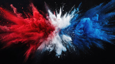 colorful russian flag white blue red color holi paint powder explosion isolated on black background. russia ukraine conflict war freedom conceptの素材