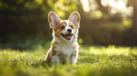 Happy little Pembroke Welsh Corgi puppy sitting on the grass in a green clearing, eyes sparkling with joy. -の素材