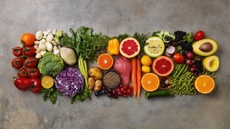 Healthy food selection laid out on a textured concrete background, showcasing vibrant vegetables, fruits, and proteins. Perfect for health and wellness themes.の素材
