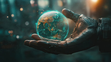 Hands of a robot and a human cradling a digital world with holographic continents and data. -の素材