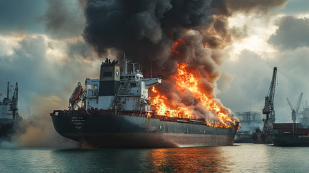 Large general cargo ship for logistic import export goods and other the explosion and had a lot of fire and smoke while moored at harbor in afternoonの素材