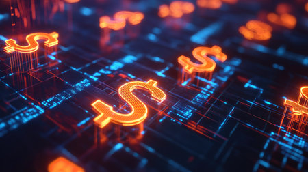 Interconnected currency symbols glowing brightly in a 3D financial network on a dark background.の素材