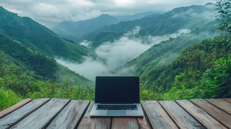 Laptop on a wooden deck, with lush green mountains and misty clouds creating a perfect balance of work and nature.の素材