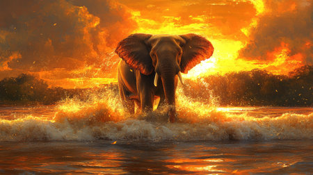 Majestic elephant emerging from an Indian lake, water cascading down, with a vibrant sunset illuminating the scene.の素材