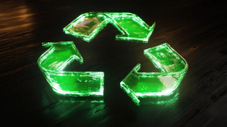 Luminous 3D recycling symbol with green arrows, representing the importance of recycling.の素材