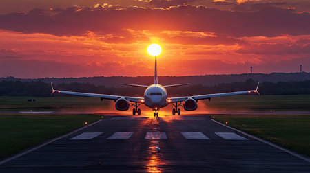 Passenger airplane landing at sunset on a runwayの素材