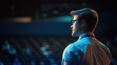 Male Asking a Question to a Speaker During a Q and A Session at an International Tech Conference in a Dark Crowded Auditorium. Young Specialist Expressing an Opinion During a Global Business Summit. -の素材