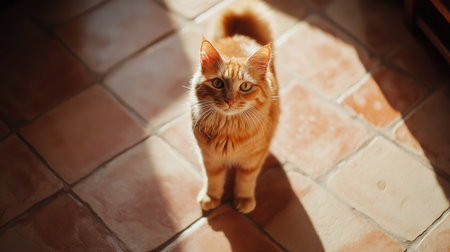 Orange cat standing on a tiled floor with a serene expression, radiating relaxation.の素材