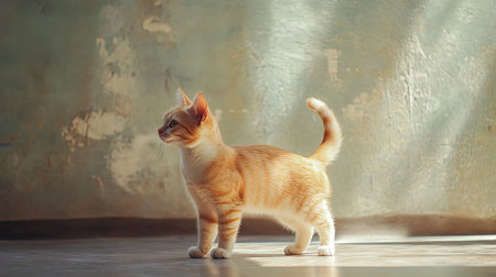 Orange cat standing on the floor, tail gently swaying, in a calm and relaxed pose.の素材