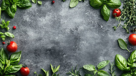Organic vegetables and fresh herbs, such as basil and rosemary, creating a natural frame on a gray stone background. Ideal for healthy eating content with room for copy.の素材