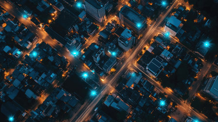 Modern city aerial view and communication network concept. Smart city. 5G. IoT.の素材