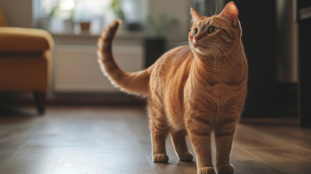 Orange cat standing on the floor, tail gently swaying, in a calm and relaxed pose.の素材