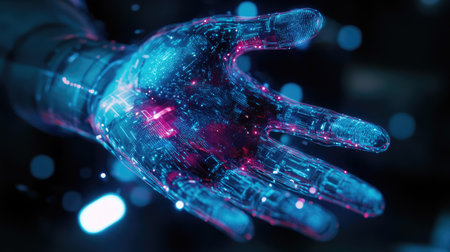 Robot and human hands, palms open, supporting a digital world with futuristic light patterns.の素材